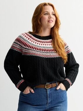 croft & barrow Black Fair Isle Crewneck Sweater with Red and White Yoke